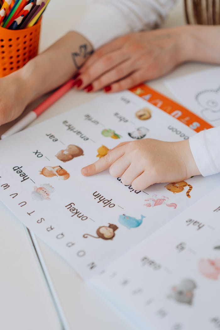A child points to animals in a colorful alphabet book, learning letters.